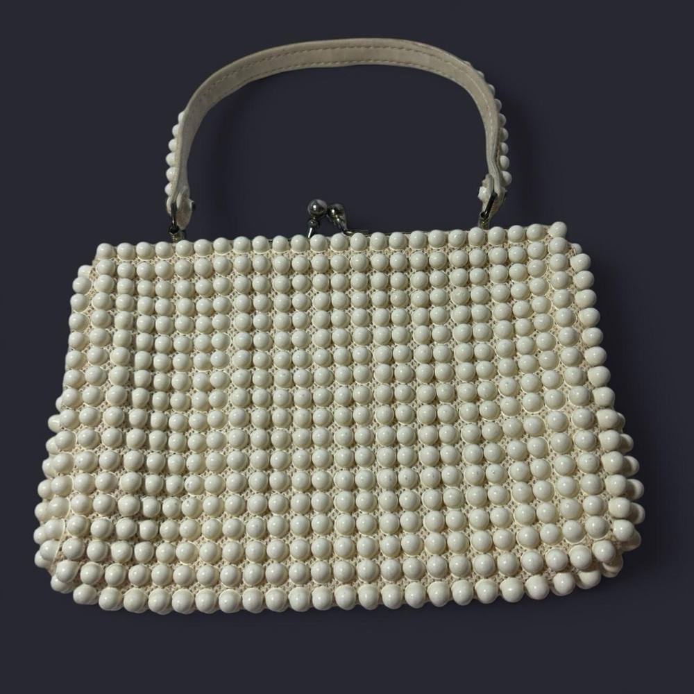 50s/60s Grandee woven bubble beads vintage purse with working kiss-lock cream